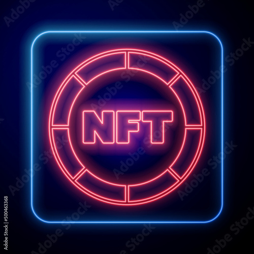 Glowing neon NFT Digital crypto art icon isolated on black background. Non fungible token. Vector