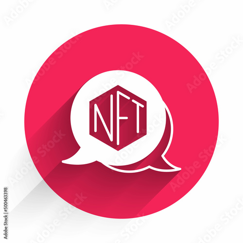 White NFT Digital crypto art icon isolated with long shadow background. Non fungible token. Red circle button. Vector