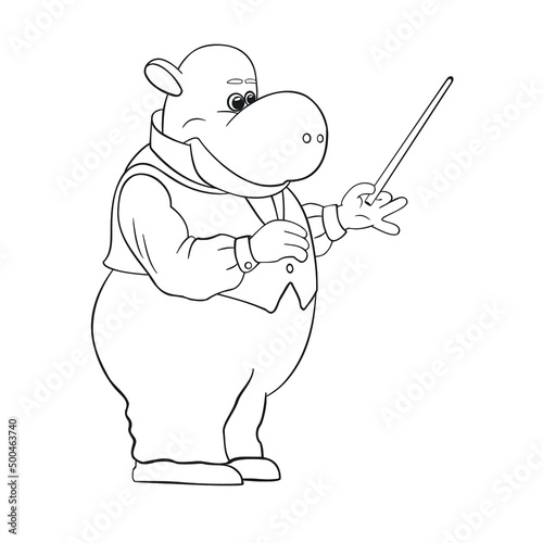 Hippo teacher in a suit with a pointer, presentation, on a white background.
