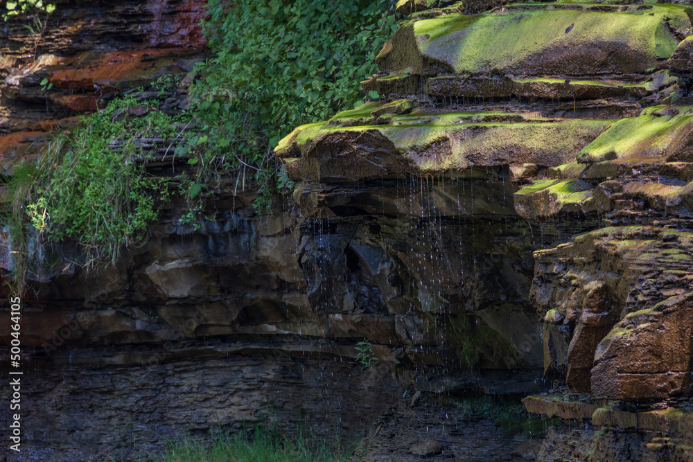 Fototapeta premium Water dripping over rock ledge covered in moss