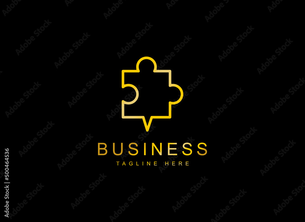 Fototapeta premium Abstract Talk Logo. Gold Geometric Shape Puzzle with Talk Icon Linear Style Isolated on Black Background. Usable for Business and Branding Logos. Flat Vector Design Template Element