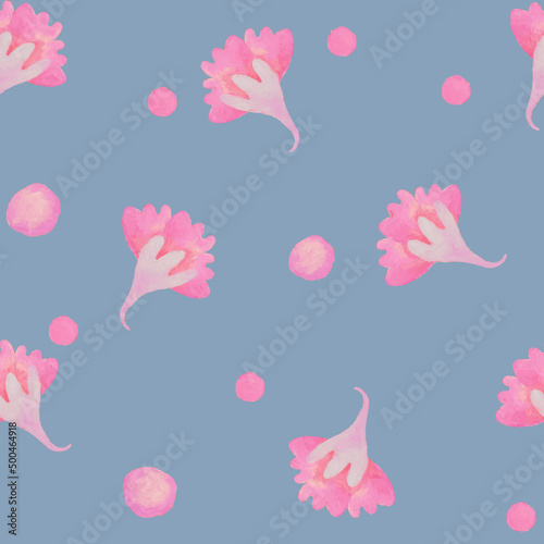 Seamless pattern with floral ornament. Background. Raster illustration for design, for printing on paper and fabric. Pink watercolor flowers on a blue background.