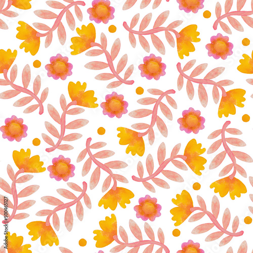 Seamless pattern. Floral ornament. Background. Raster illustration. Interior and clothing design. Printing on paper or fabric. Yellow watercolor flowers on a white background. © E.Nolan