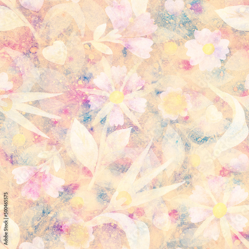 Seamless pattern. Floral ornament. Background. Raster illustration. Interior and clothing design. Printing on paper or fabric. Light watercolor background with flowers.