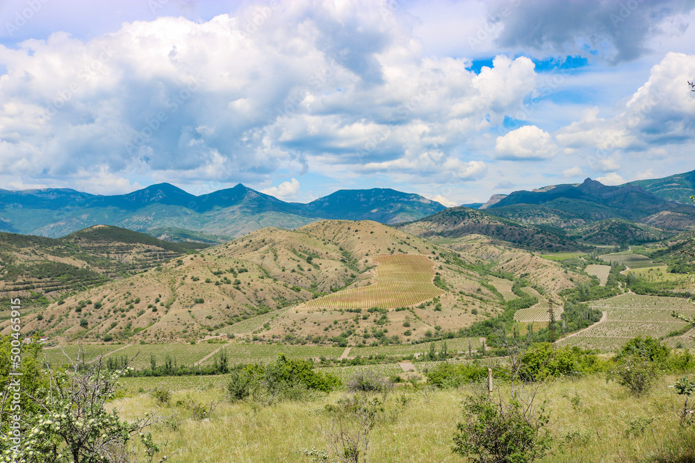 View of hills, mountains and vineyards, Sudak, Crimea. Karabi-yaila.