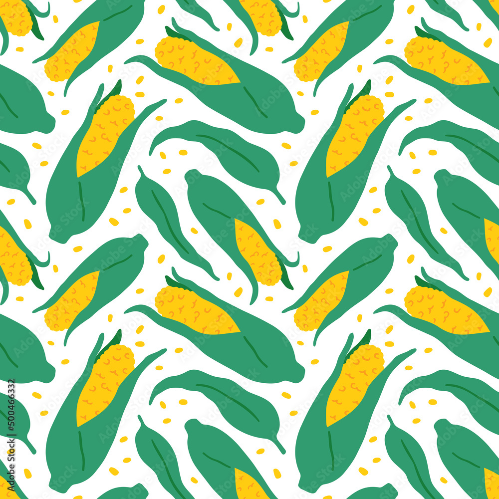 Cute corn seamless pattern. Corn cobs, grains and leaves. Flat vector hand drawn illustration in cartoon style