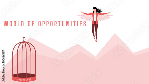 Leave your comfort zone, woman flying with wings near birdcage, business character vector illustration on white background.