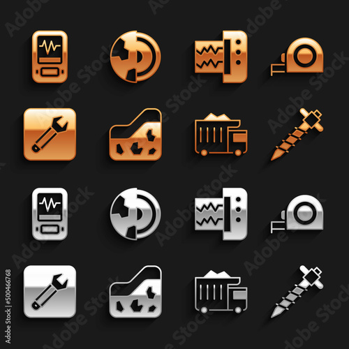 Set Ground, Roulette construction, Construction jackhammer, Mining dump truck, Wrench spanner, Seismograph, and Earth core structure crust icon. Vector