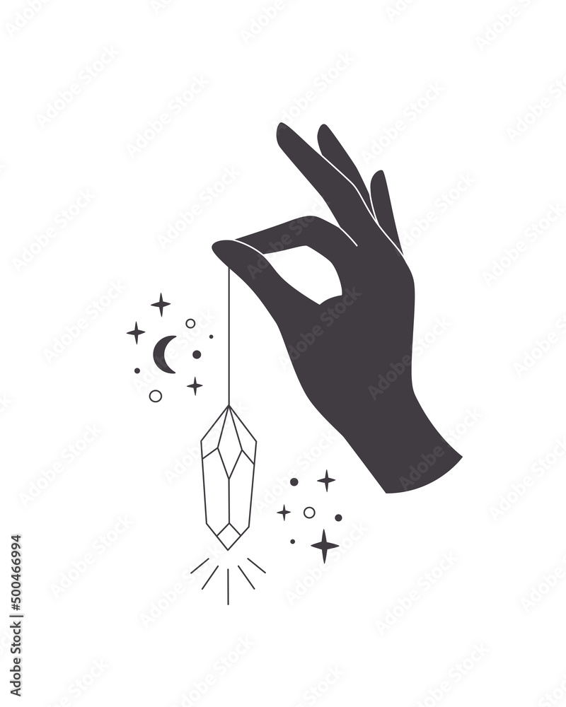 Obraz premium Hand with celestial mystical symbols. Mystical, esoteric or healing crystal. Linear art. Editable strokes. Vector illustration
