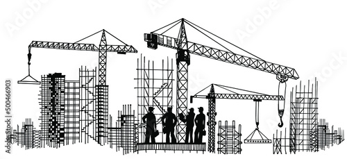 Cranes on Construction Site. Construction. Teamwork. City. Landscape. Hand drawn vector. Construction, development, architecture or other concept illustration or background.