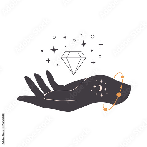 Hand with celestial mystical symbols. Mystical, esoteric or healing crystal. Linear art. Editable strokes. Vector illustration