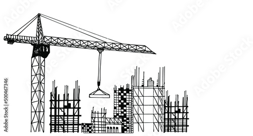 Construction Site with Tower Cranes. City. Buildings. Urban Landscape. Hand drawn vector. Construction, development, architecture or other concept illustration or background.
