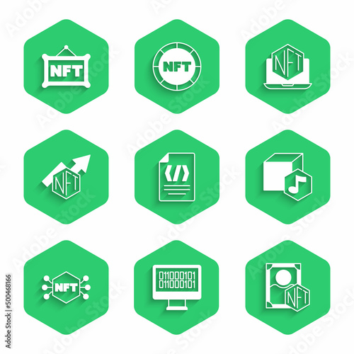 Set Binary code, NFT Digital crypto art, growth bar chart, Laptop with store app and icon. Vector