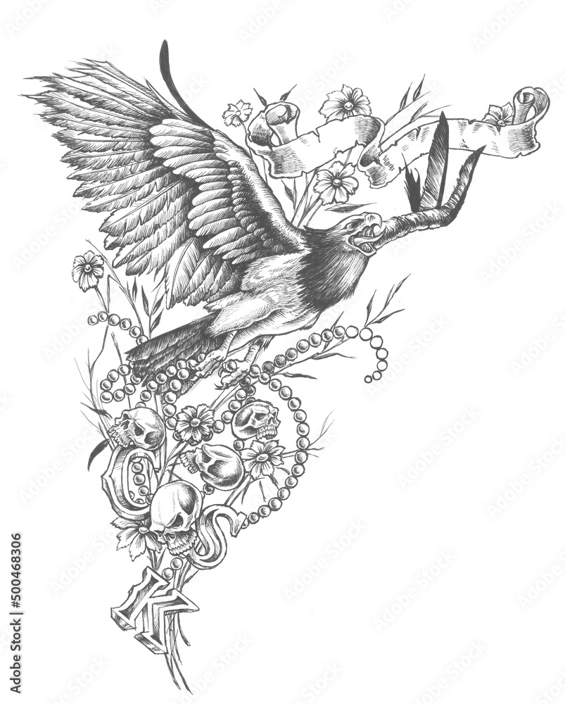 Fototapeta premium illustration of eagle with rosary in chinese ink