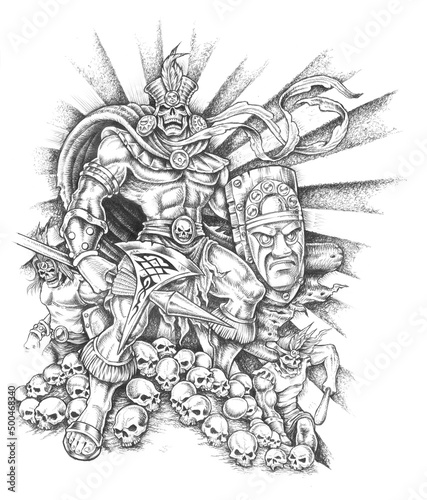 Inca warriors and skulls illustration