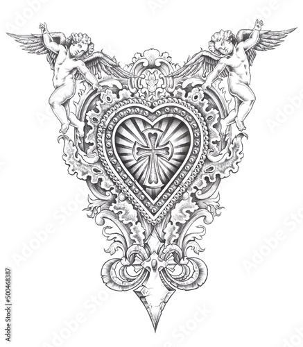 Fotografie ornamental heart with cherubs and fleur de lis