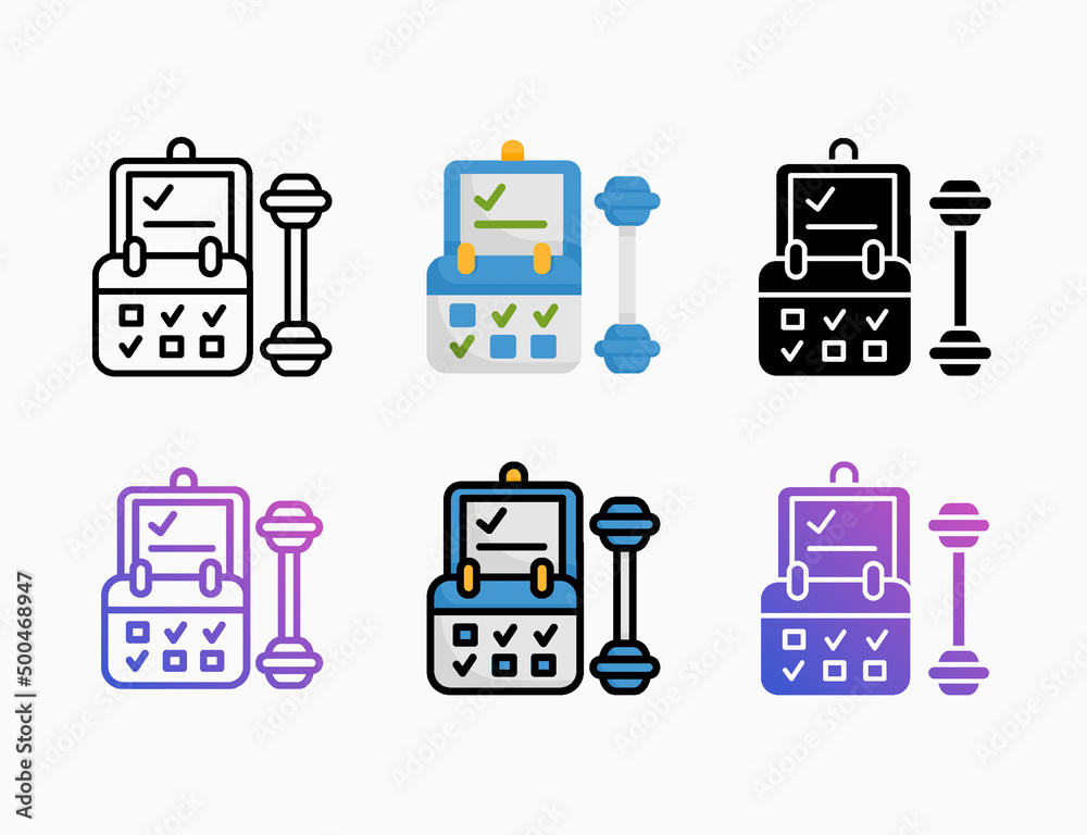 workout plan gym icon set with style line, outline, flat, glyph, color, gradient. Editable stroke and pixel perfect. Can be used for digital product, presentation, print design and more. workout plan gym icon set with style line, outline, flat, glyph, color, gradient. Editable stroke and pixel perfect. Can be used for digital product, presentation, print design and more.