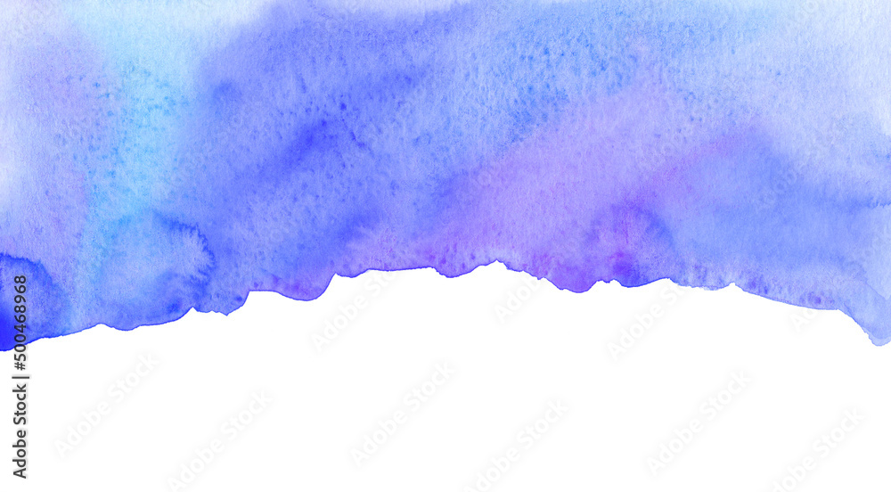 Watercolor blue, purple background texture. Isolated border. Stains on paper, hand painted banner.