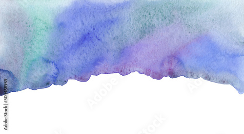 Watercolor blue, purple, green background texture. Isolated border. Stains on paper, hand painted banner.