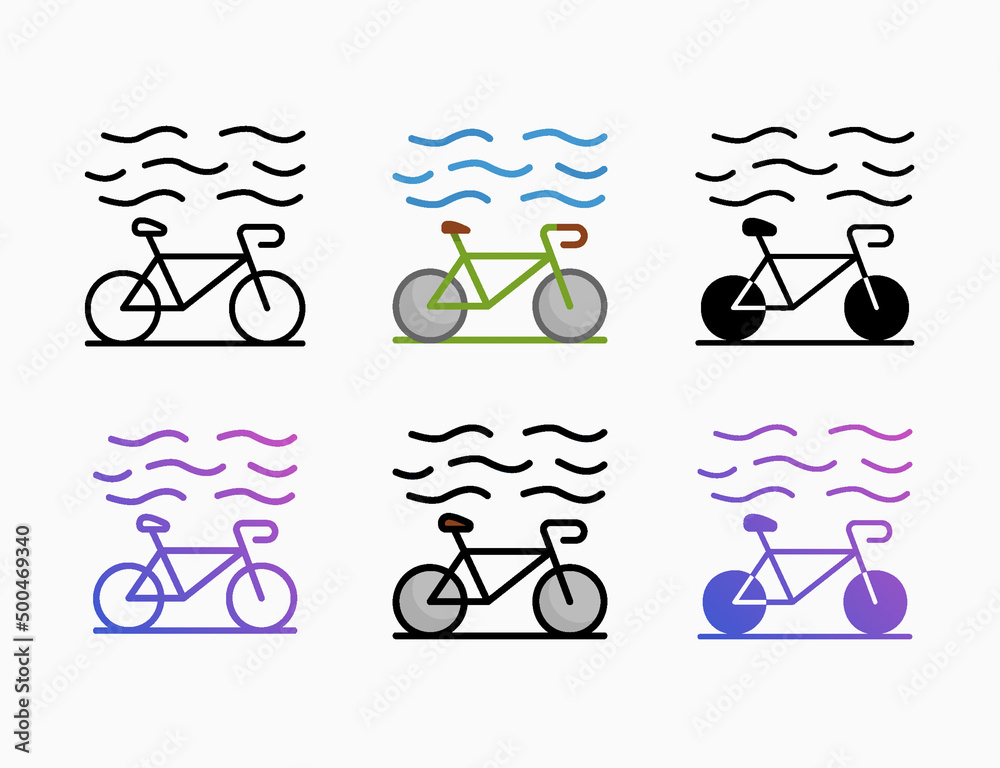 bicycle icon set with different styles. Style line, outline, flat, glyph, color, gradient. Editable stroke and pixel perfect. Can be used for digital product, presentation, print design and more.