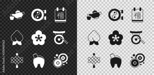 Set Chinese tea ceremony, Yin Yang symbol, New Year, paper lantern, fortune cookie, Yuan currency, Peach fruit nectarine and Lotus flower icon. Vector