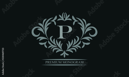 Exquisite logo design with letter P. Sign template for restaurant, royalty, boutique, cafe, hotel, heraldic, jewelry, fashion.