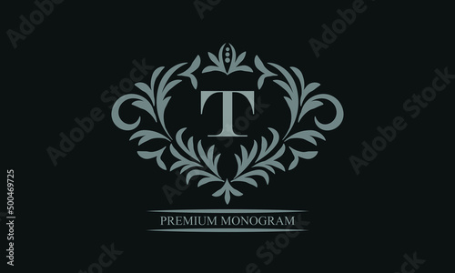 Exquisite logo design with letter T. Sign template for restaurant, royalty, boutique, cafe, hotel, heraldic, jewelry, fashion.