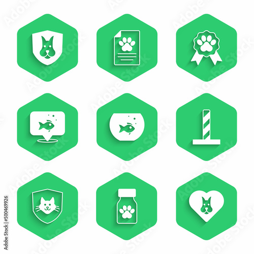Set Aquarium with fish, Medicine bottle and pills, Heart dog, Cat scratching post toy, Animal health insurance, Fish, Pet award symbol and icon. Vector