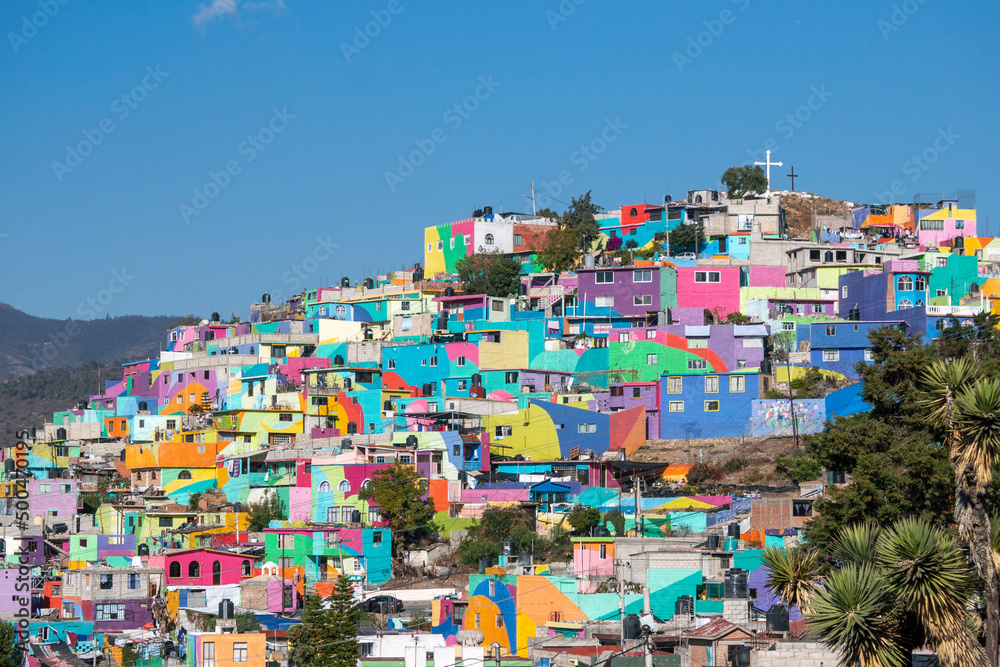 Colorful living district in Pachuca, Hidalgo state, Mexico. Grand Mural - Colorful buildings in Cubitos colonia