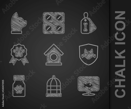 Set Dog house, Cage for birds, Fish, Animal health insurance, Medicine bottle and pills, Pet award symbol, collar with bone and Cat icon. Vector