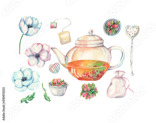 Watercolor food illustration. Tea ceremony. Green herbal tea. Watercolor teapot illustration. Tea and flowers. Anemones. Design for logo, banners, cards, packing, gifts