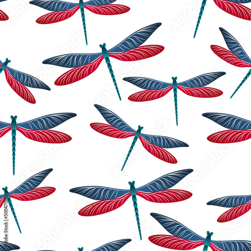 Dragonfly simple seamless pattern. Repeating dress textile print with flying adder insects. Garden