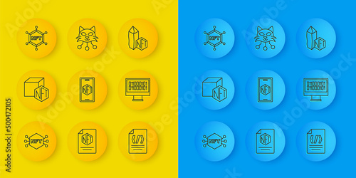 Set line NFT Digital crypto art, Mobile with store app, Binary code, blockchain technology, and icon. Vector