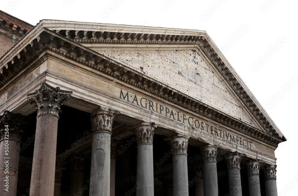 Rome, RM, Italy - August 16, 2020: Facade of Ancient Roman Temple called Pantheon and latin roman Text that means Marco Agrippa son of Lucio, consul for the third time, built