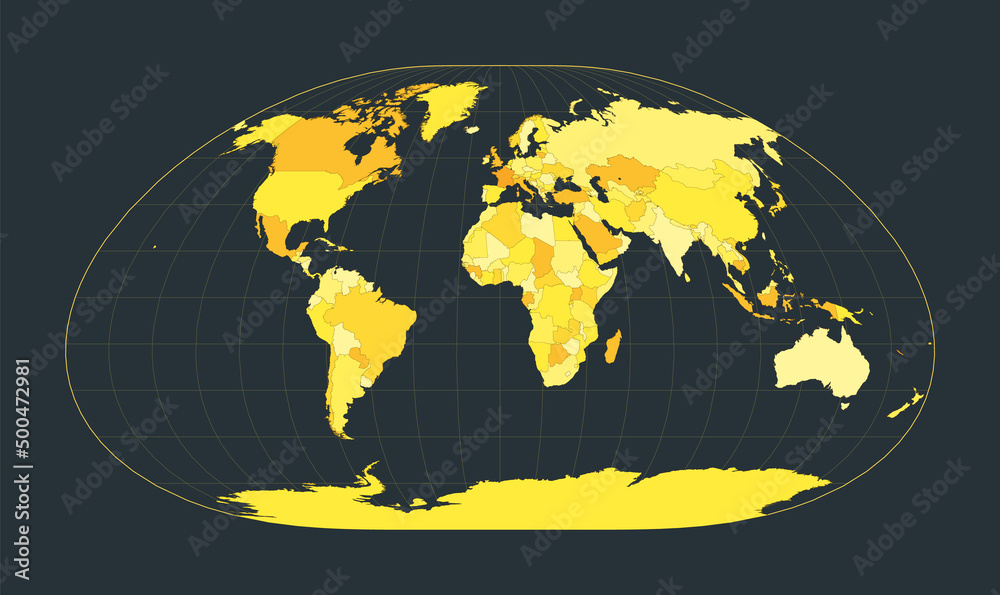 World Map. Loximuthal projection. Futuristic world illustration for your infographic. Bright yellow country colors. Vibrant vector illustration.