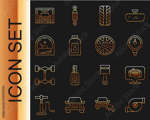 Set line Automotive turbocharger, Check engine, Tire pressure gauge, Car tire wheel, Canister for motor machine oil, Motor gas, wash and Alloy car icon. Vector