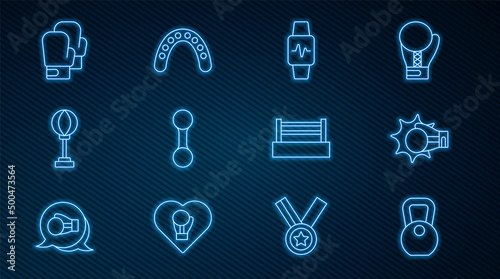 Set line Weight, Punch in boxing glove, Smart watch with heart, Dumbbell, Punching bag, Boxing, ring and Mouth guard boxer icon. Vector