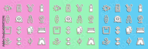Set line Boxing short, ring, glove, Medal, helmet, Smart watch with heart, Punch boxing and Sport expander icon. Vector