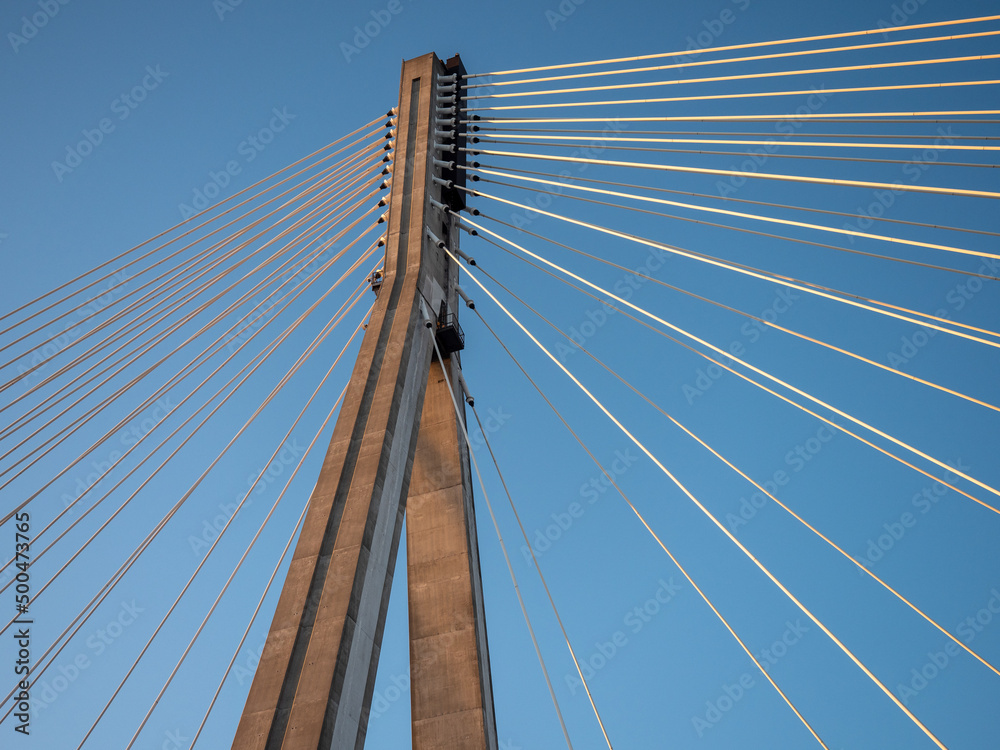 Naklejka premium Warsaw, Poland - December 2021: View of the Świętokrzyski Bridge, Cable-stayed road bridge