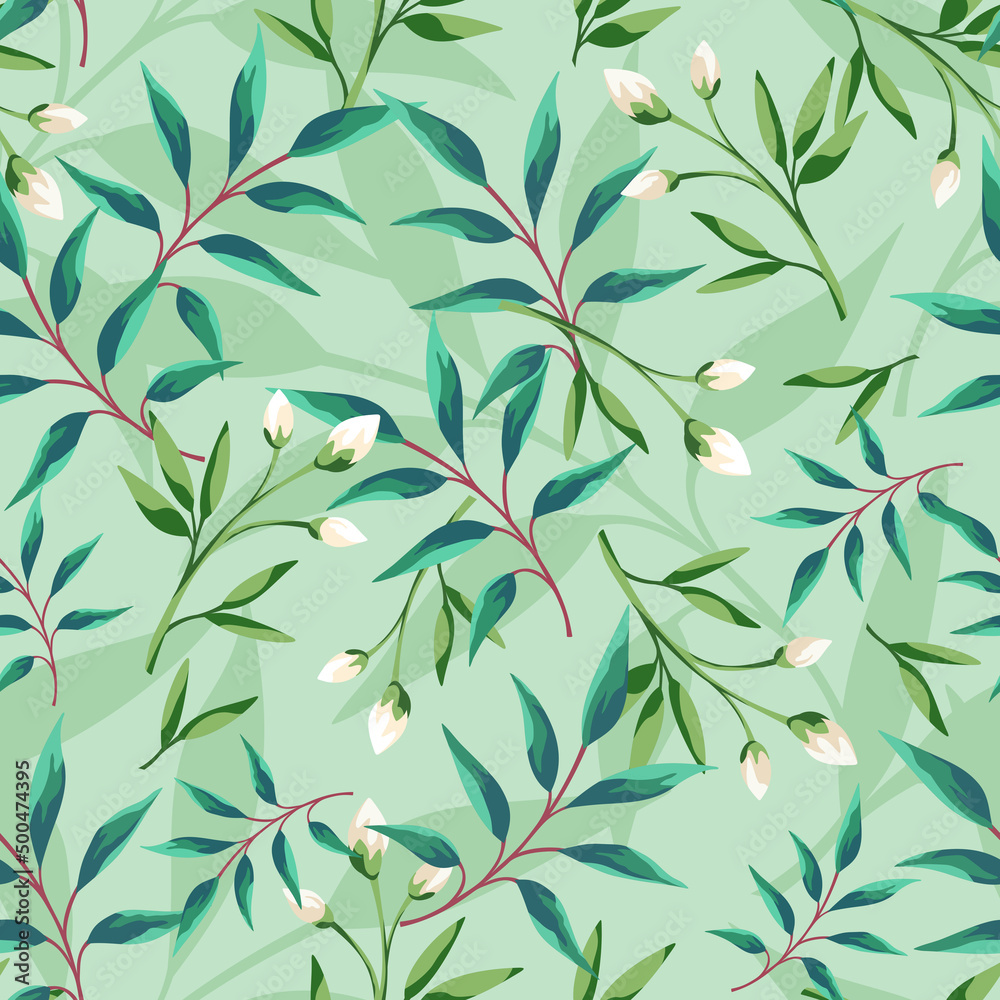 Vector seamless floral pattern with green leaves and small white flowers on a green background Vector seamless floral pattern with green leaves and small white flowers on a green background