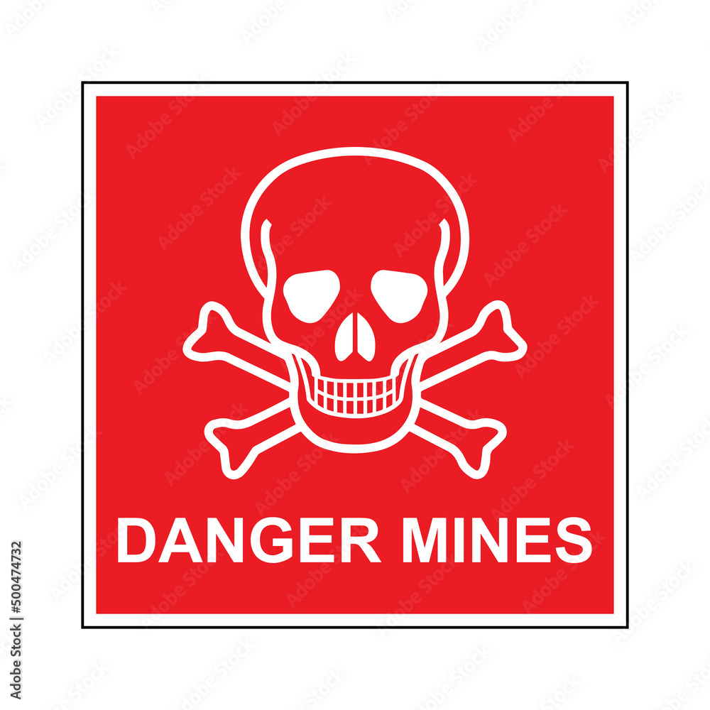 Danger mines sign. Vector illustration of red square board with skull and crossbones icon inside. Caution minefield. War conception. Warning symbol.