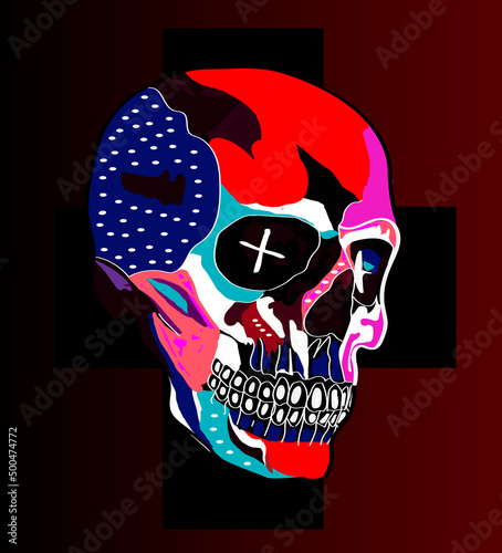 Rock and roll motorcycle skull logo on the cross, hand drawn vector illustration 