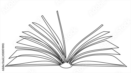 Continuous one line drawing of an open book with flying pages. Vector illustration of back to school, educational supplies.