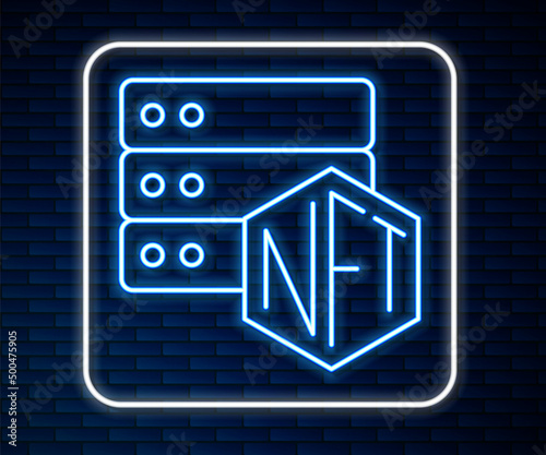 Glowing neon line NFT blockchain technology icon isolated on brick wall background. Non fungible token. Digital crypto art concept. Vector