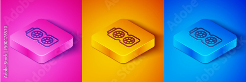 Isometric line Video graphic card icon isolated on pink and orange, blue background. Square button. Vector