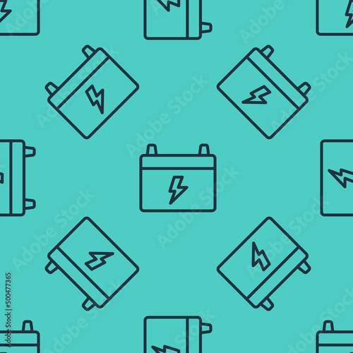 Black line Car battery icon isolated seamless pattern on green background. Accumulator battery energy power and electricity accumulator battery. Vector