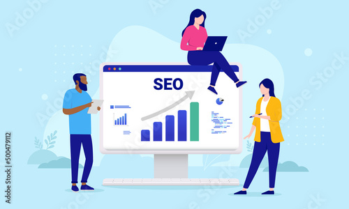 SEO team - Three people working with search engine optimisation on computer screen with graph showing positive growth. Flat design vector illustration with blue background