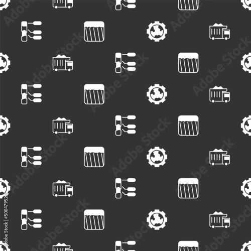 Set Gear wheels and earth, Mining dump truck, Soil analysis and Ground on seamless pattern. Vector