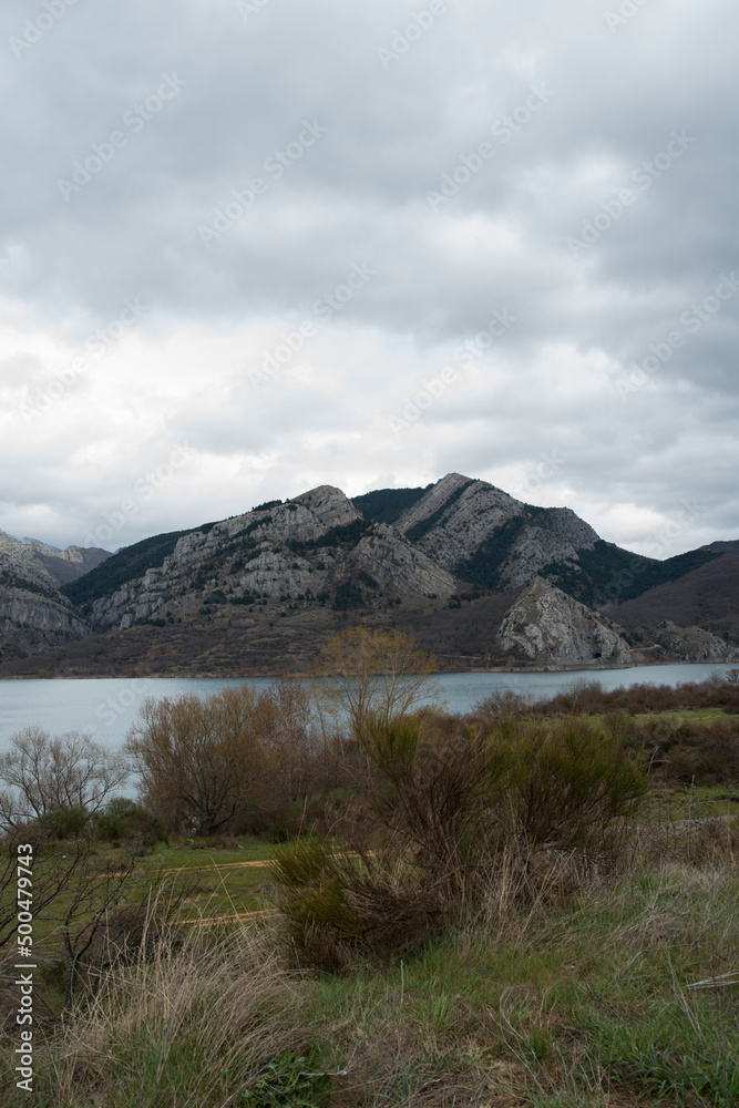 Vertical shot of a mountain landscape travelling from Leon to Asturias. Caldas de Luna, Spain.