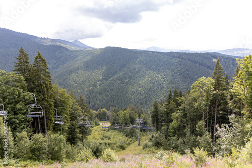 Panorama of mountains in the Ukrainian Carpathians on a summer sunny day.